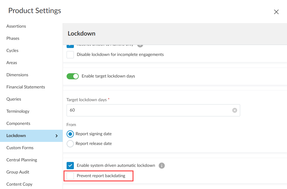 the user interface for selecting Lockdown options in the Product Settings. The box for Prevent report backdating is highlighted.