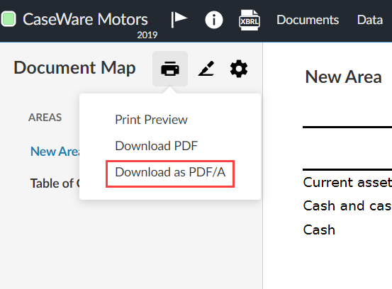 The Download as PDF/A option in the financial statements.