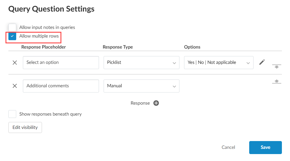The Allow multiple rows checkbox in the Query Question Settings dialog.