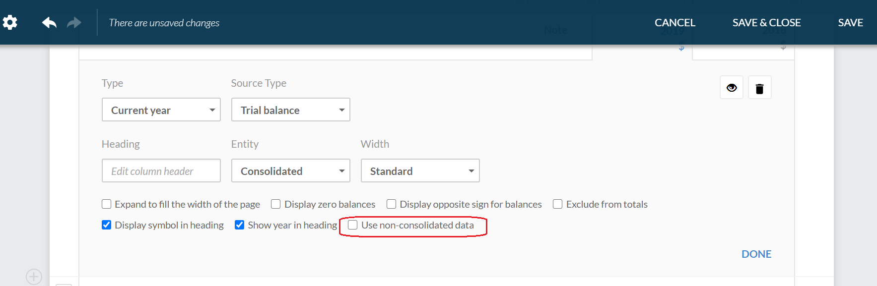 Remove consolidation data from the column and use non-consolidated balances.