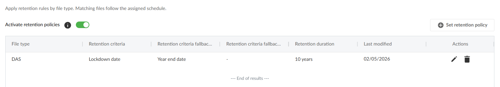 The file retention policy page in Cloud's firm settings.