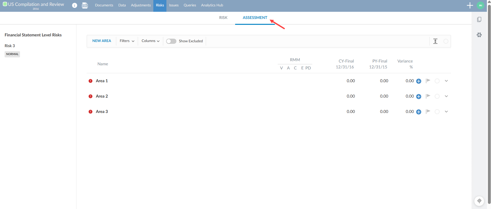the user interface for selecting the Assessment tab in the Risks and Controls page.