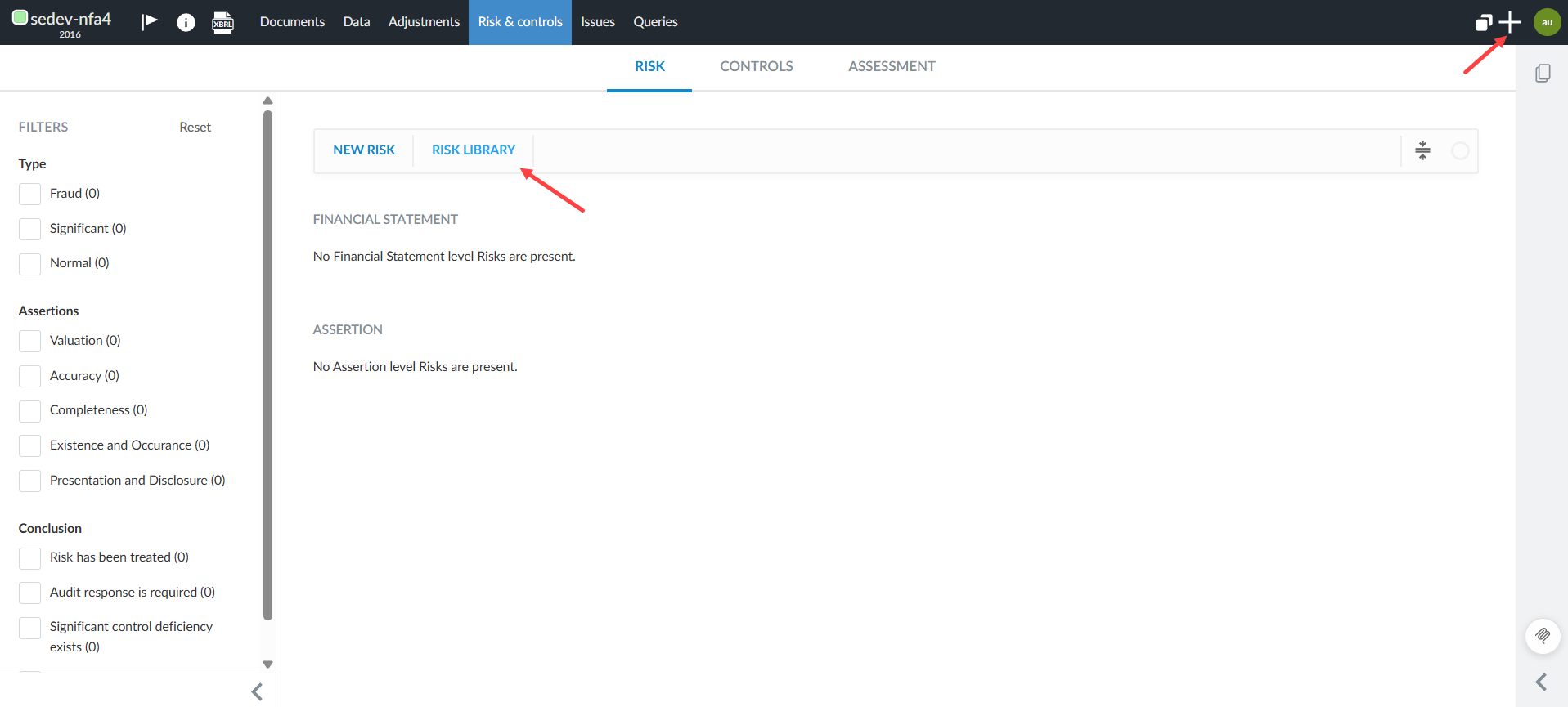 the user interface for accessing the risk library from the app itself.