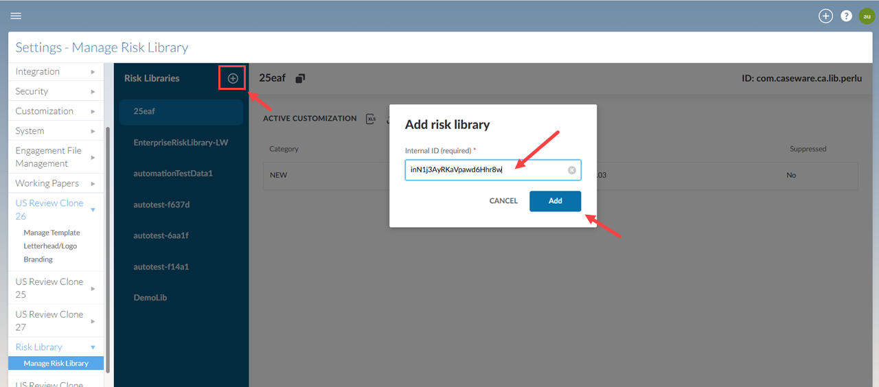 the user interface for adding a risk library in the template management settings