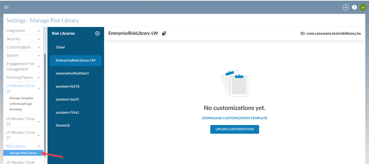 the user interface for selecting the risk library interface from template settings.