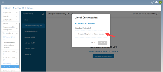 the user interface for uploading a customized risk library template
