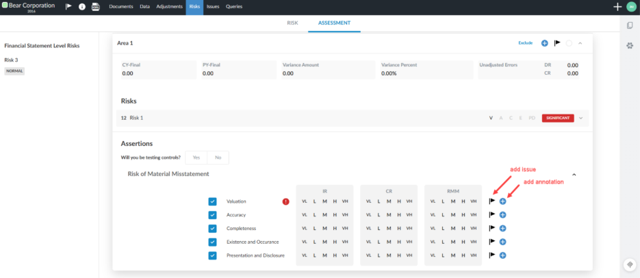 The Risk tab displaying the option to add an issue or annotation.