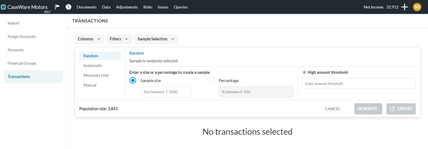 The Sample Selection option on the Transactions tab of the Data page.