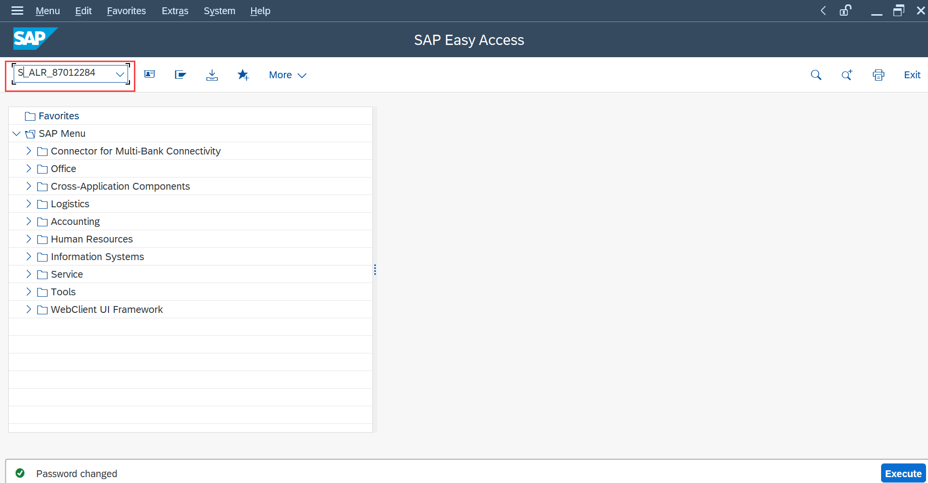 The transaction code entered in the SAP menu bar.