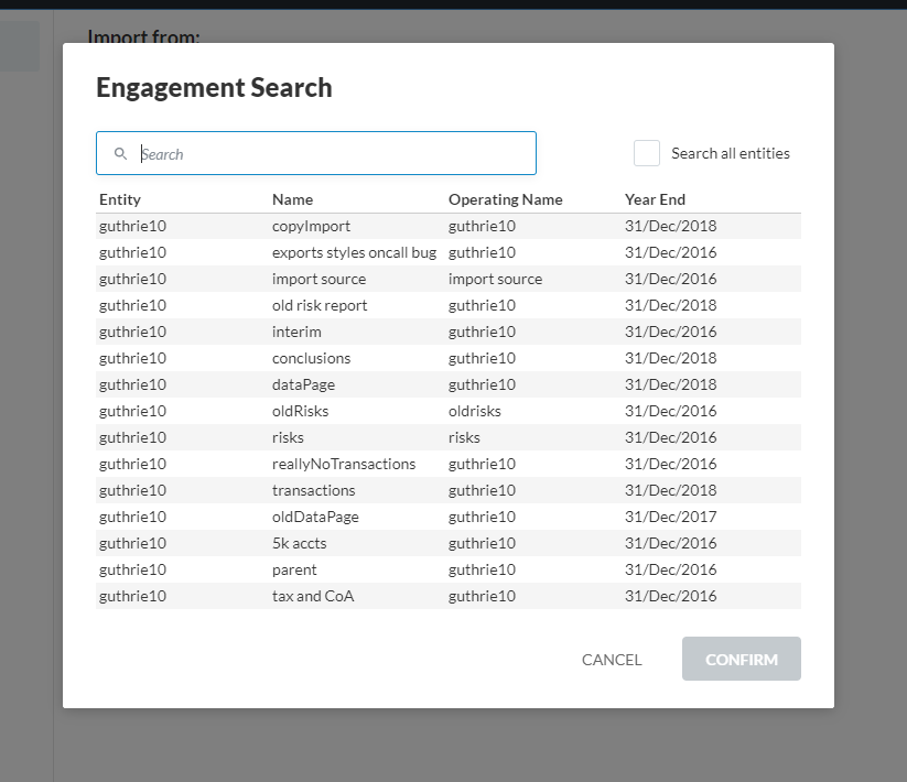 Engagement Search dialog.