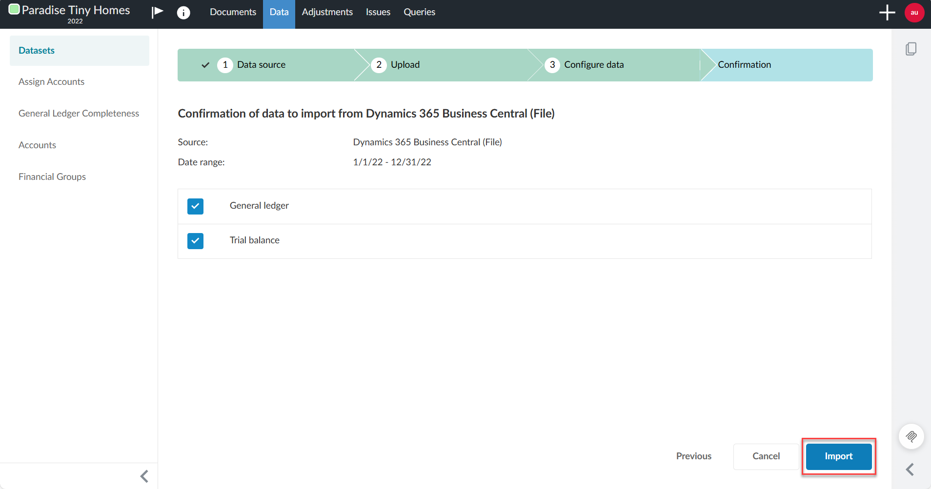 Selecting Import at the Confirmation stage.