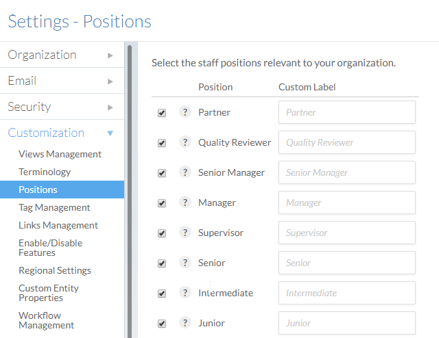 The Positions section of the Settings page.