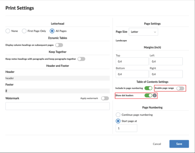 The user interface for toggles to enable/disable dot leaders or page ranges in the table of contents.