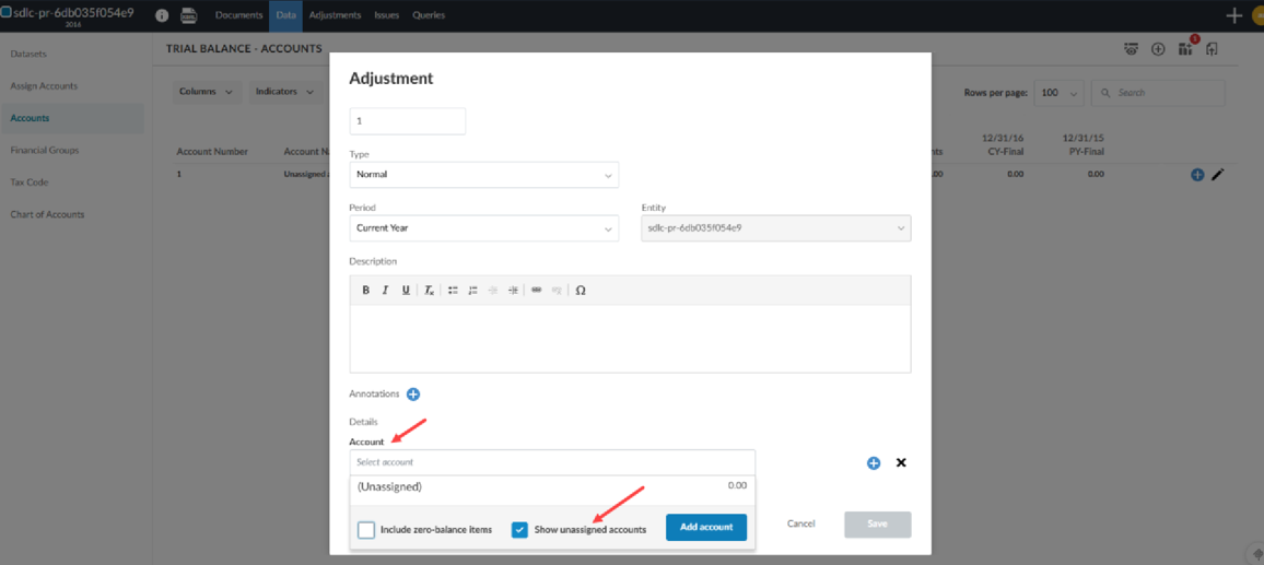 The Adjustment dialog displaying the option to enable Show unassigned accounts.
