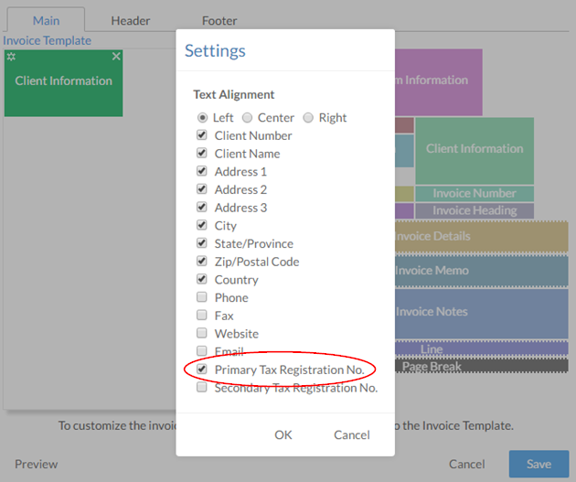 Selecting Priamry Tax Registration Number from the widget Settings menu