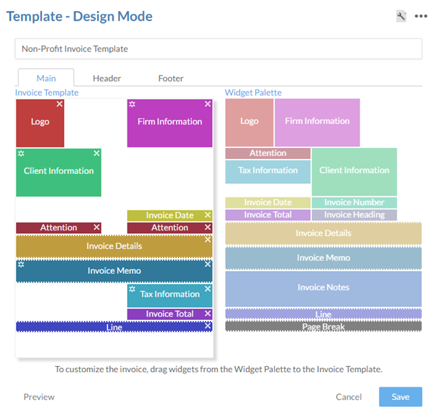 Template design mode with a sample configuration