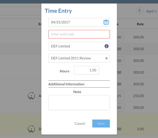 Work Code field of the Time Entry dialog lets you add a work code to a pending entry. 