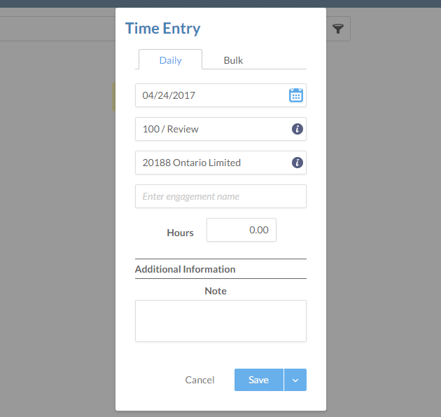 Entering the details of a new time entry in the Time Entry dialog. 