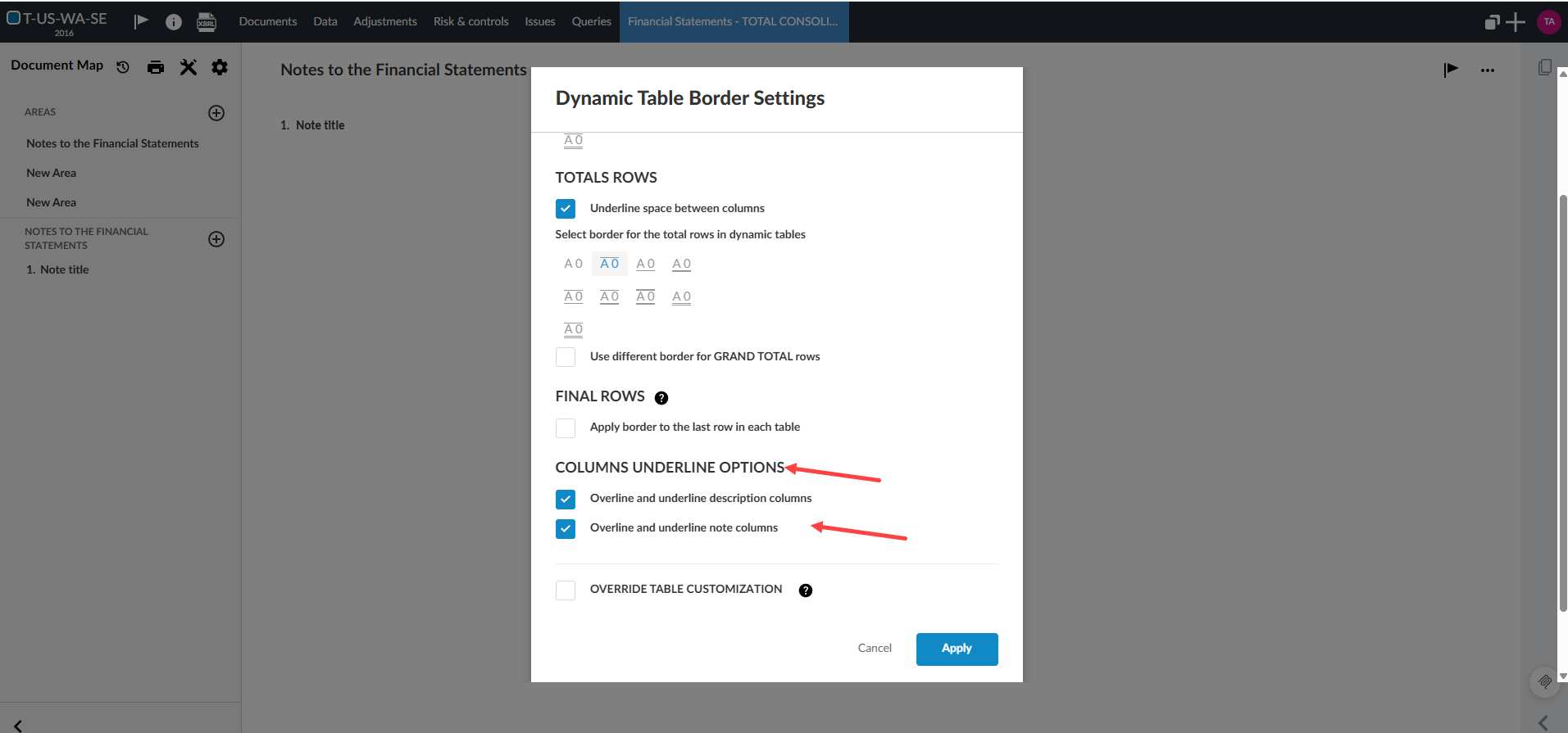the user interface for selecting column underline options in the Dynamic Table Border Settings