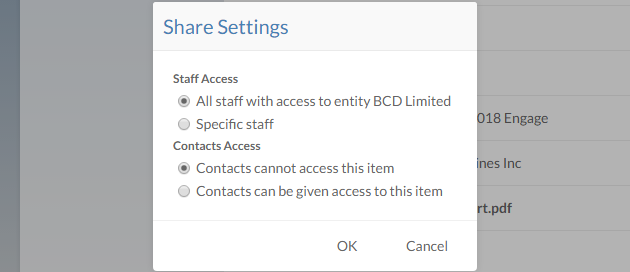 Specify whether the uploaded file should be accessible to all staff who can see content for this entity. You can also allow the file to be shared with client contacts.