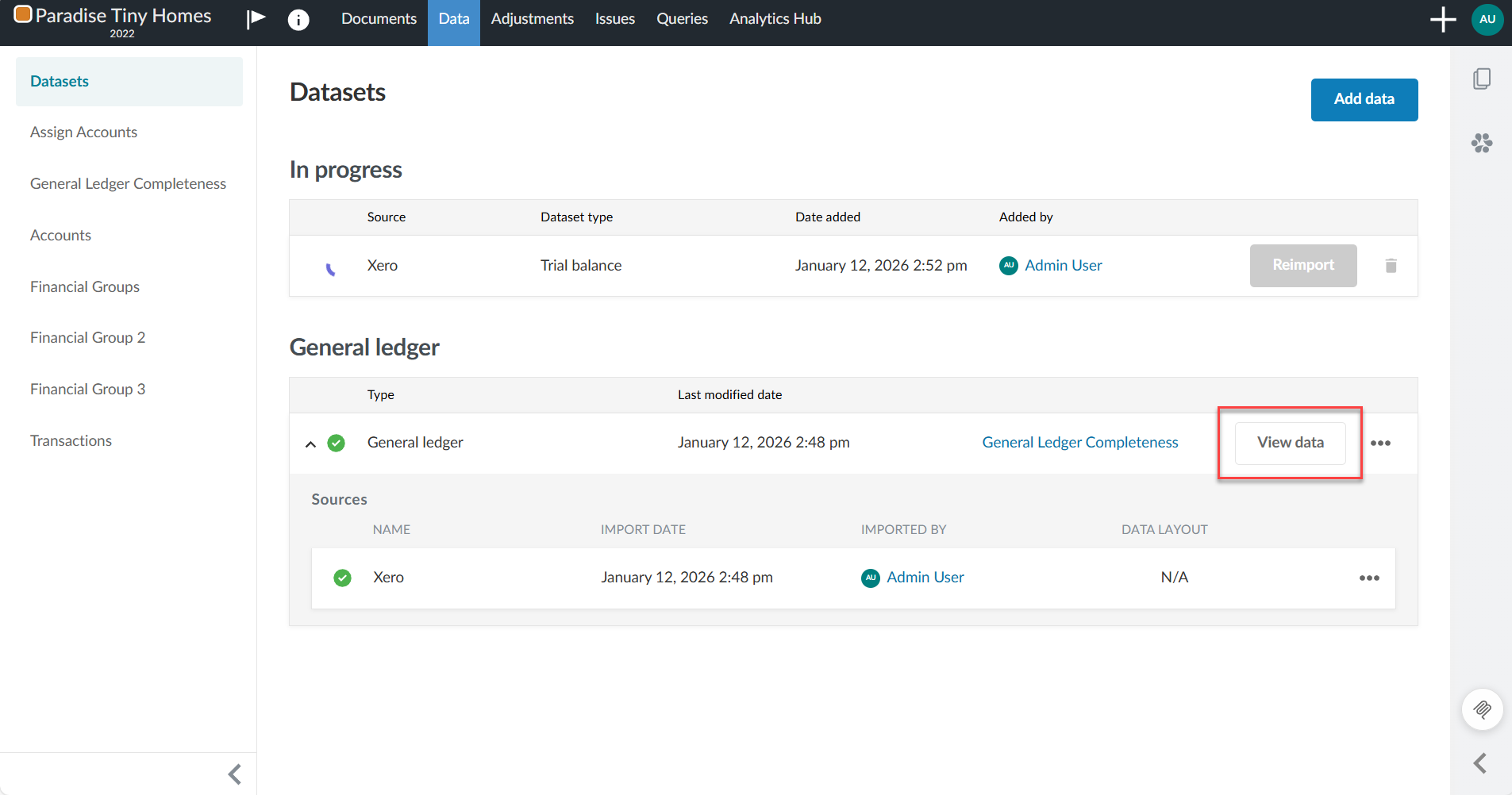 Selecting the View data button to view the imported data.