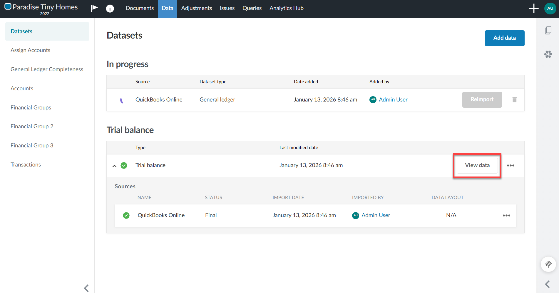 Selecting the View data button to view the imported data.