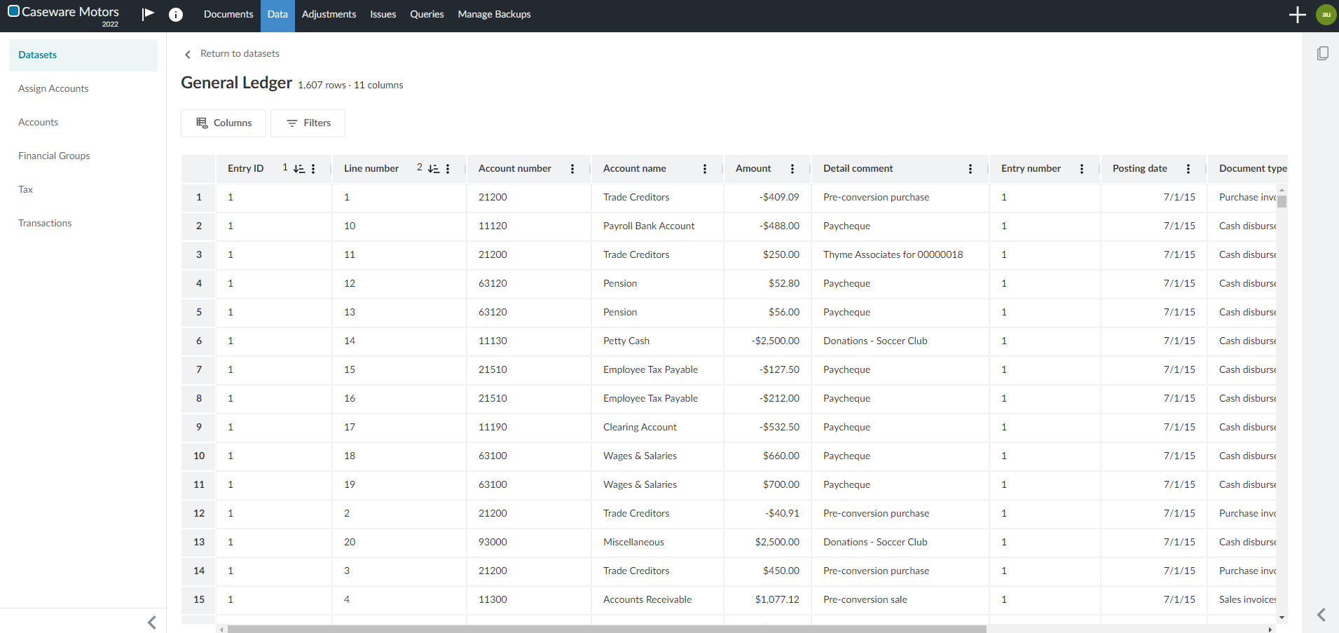 Viewing the General Ledger dataset on the Datasets tab.