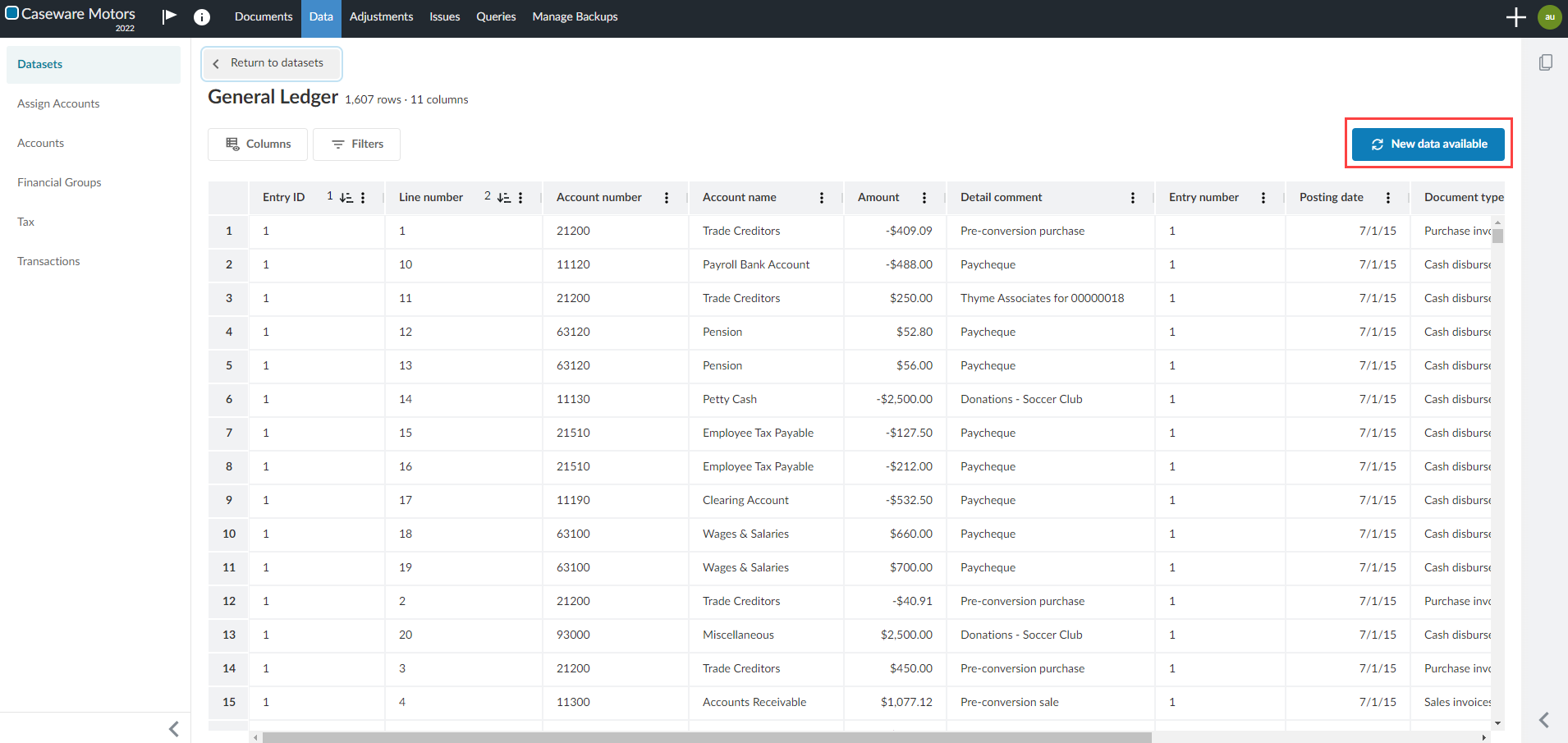 The new data available button highlighted on the General Ledger dataset.