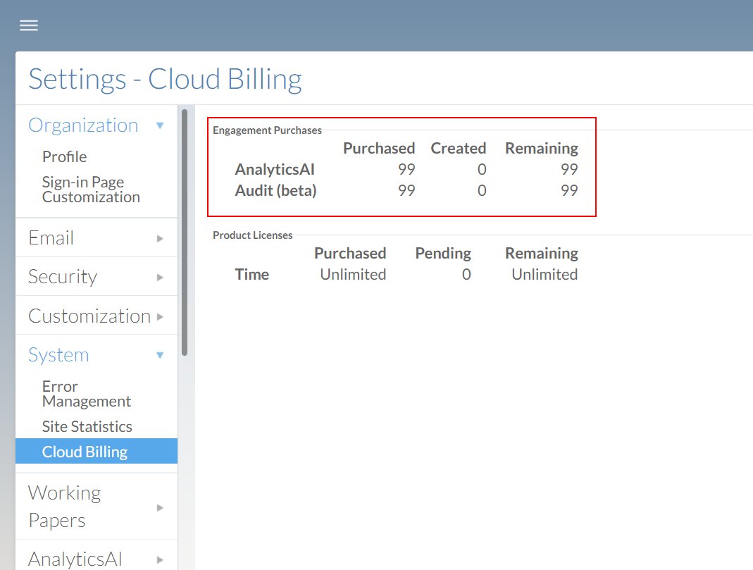 View your purchased engagements under Engagement Purchases in the Cloud Billing page.