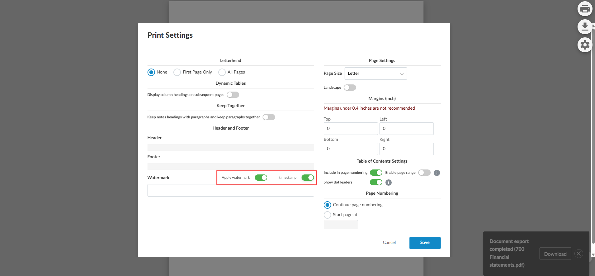 the Print Settings in Caseware Cloud with a red rectangle focusing on the Apply watermark and timestamp toggles.
