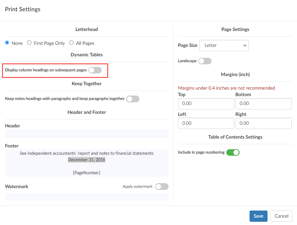 The Display column headings on subsequent pages option in the Print settings dialog.