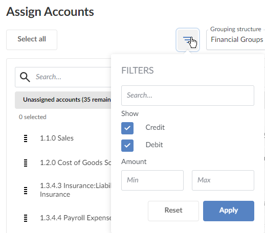 Filtrado de cuentas no asignadas.
