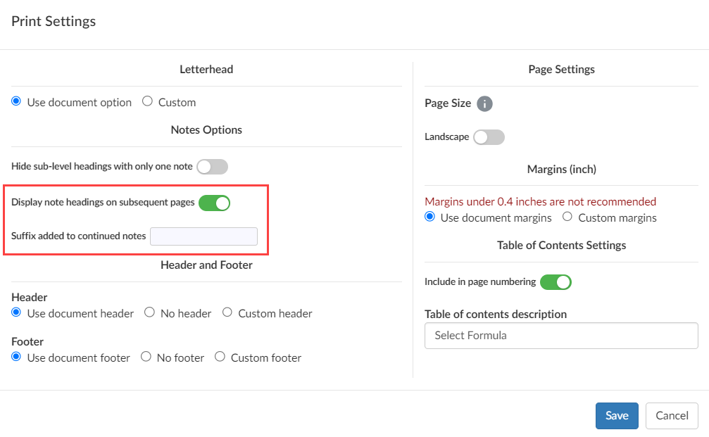 The Note print settings dialog.