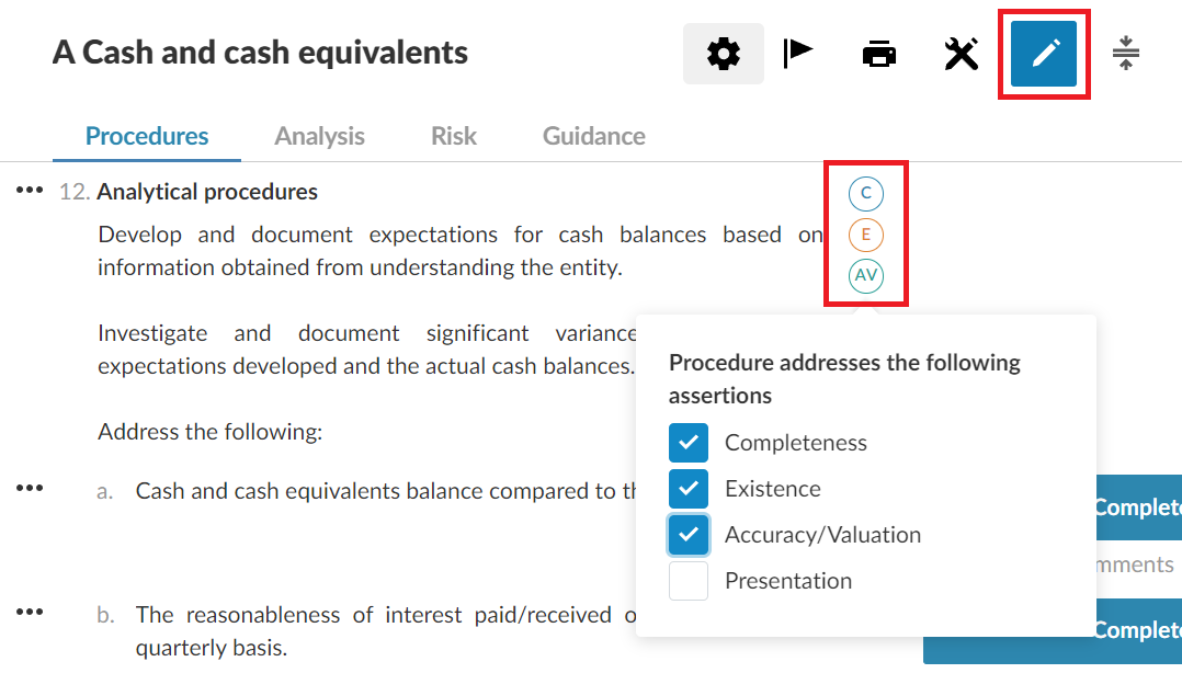 Edición de la lista de aserciones de un procedimiento.