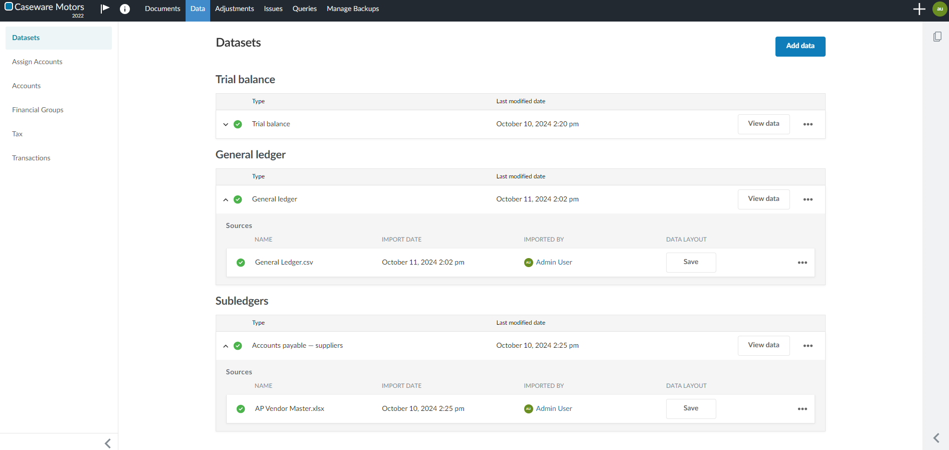La pestaña Conjuntos de datos en la página Datos, donde puede cargar datos.