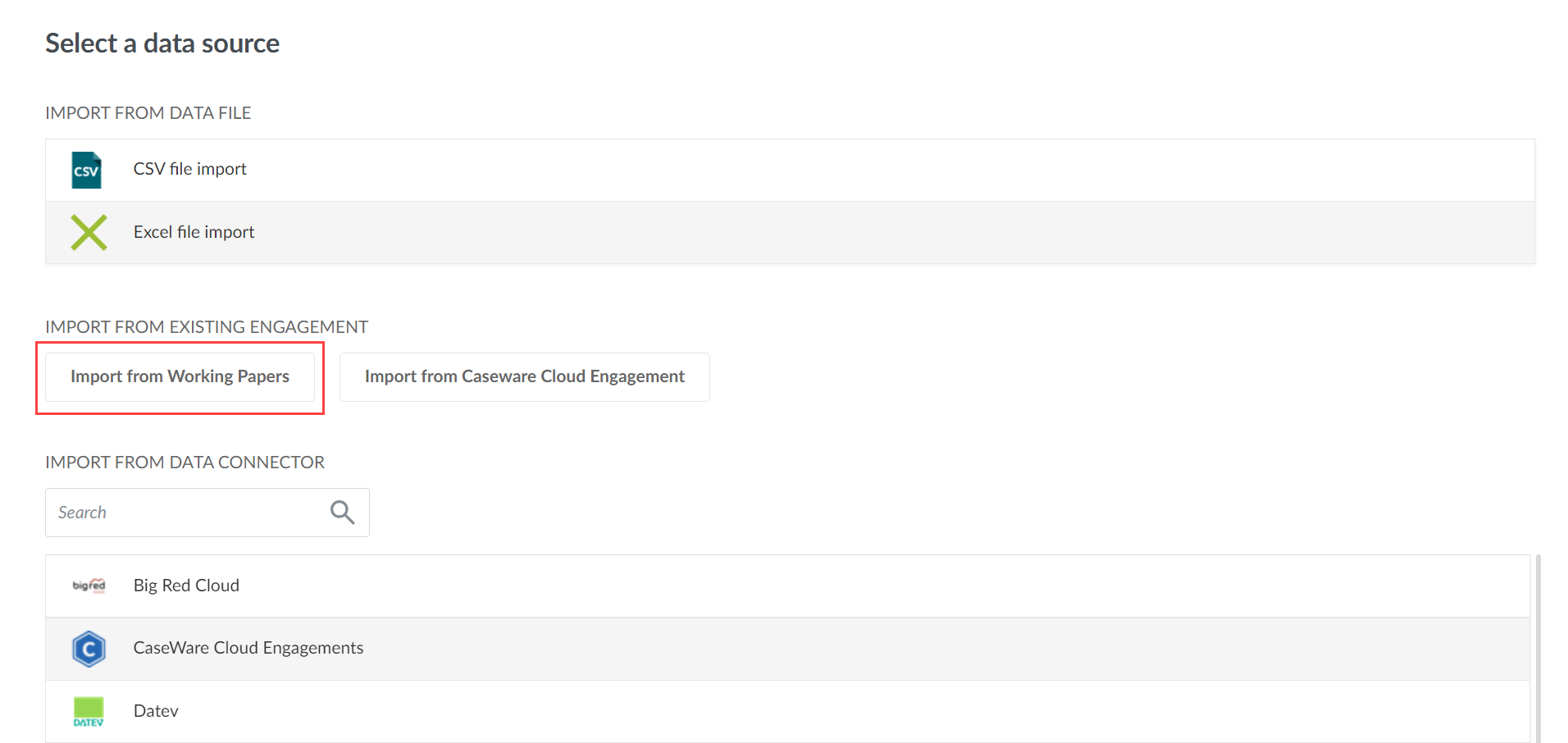 La opción Importar desde documentos de trabajo en el nuevo flujo de trabajo de importaciones.