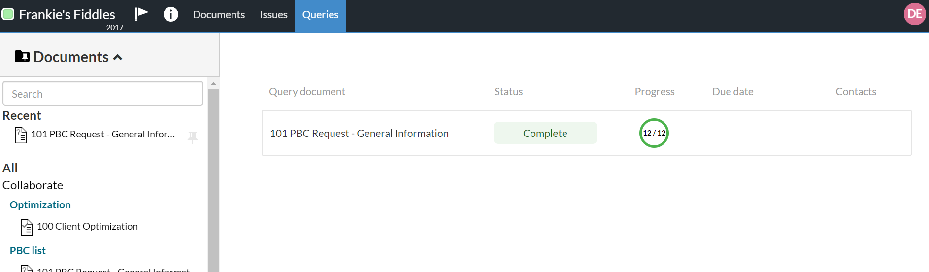 Panel de consulta que muestra el estado general del documento de solicitud de PBC.