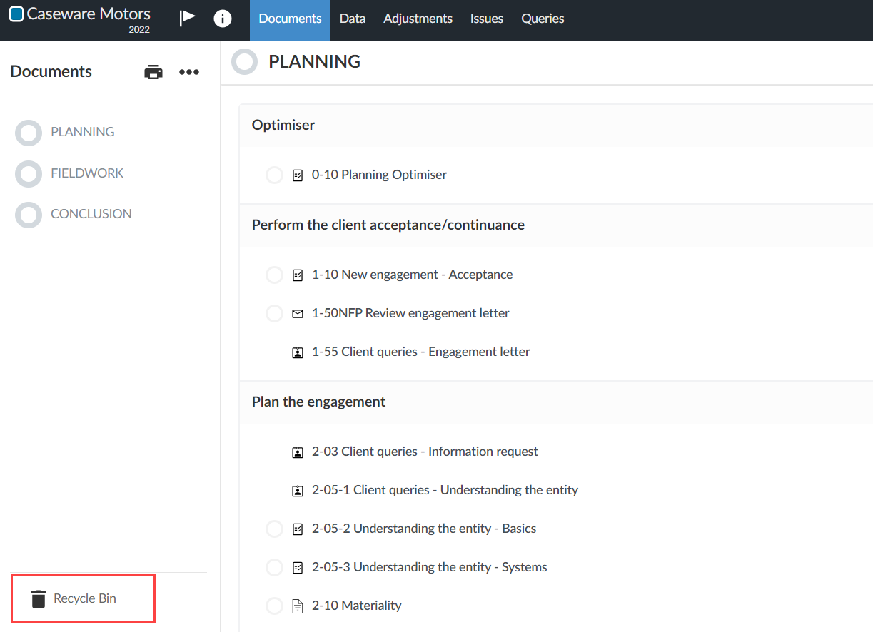 La opción Papelera de reciclaje de la página Documentos.
