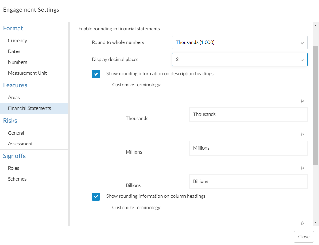 Los ajustes de redondeo en el diálogo de ajustes de encargo.