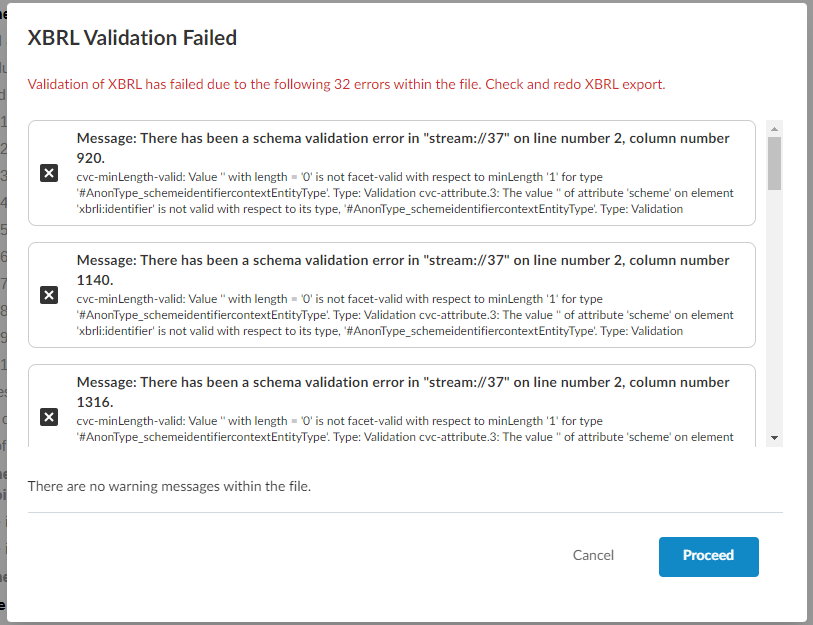 El cuadro de diálogo Validación XBRL fallida.