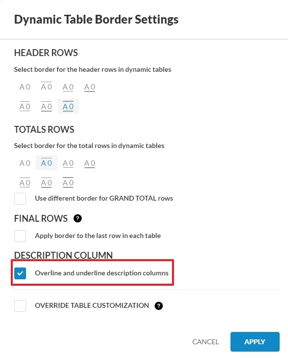 Paramètres des bordures du tableau dynamique.