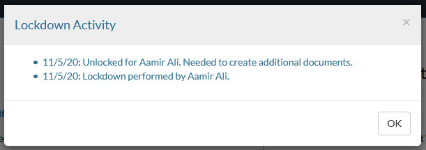Boîte de dialogue Activité de verrouillage.