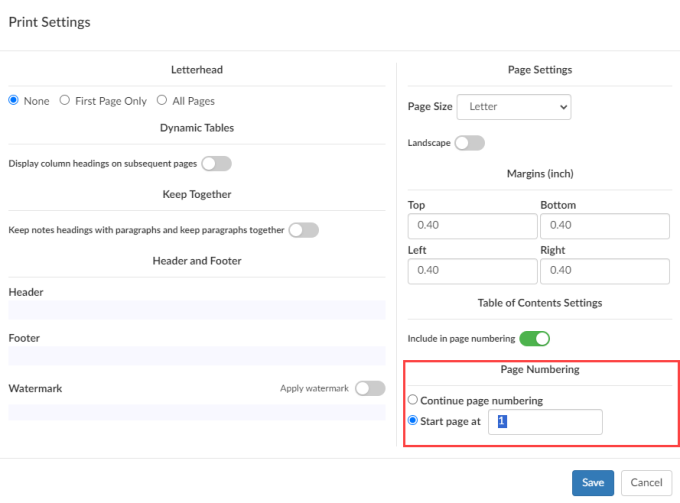 Page numbering settings for financial statements