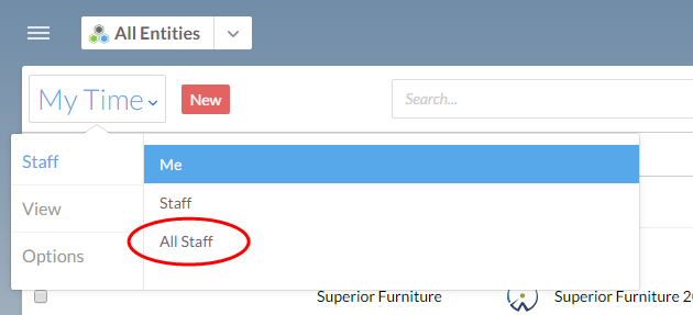 Sélectionnez Tout le personnel pour afficher les saisies de temps des autres membres du personnel de votre organisation. Vos propres entrées sont également affichées.