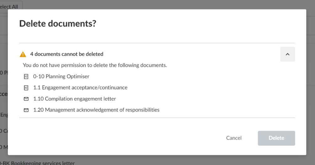 La boîte de dialogue de confirmation de la suppression des documents.