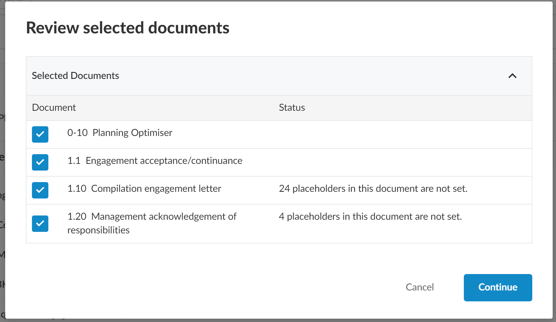 La boîte de dialogue Réviser les documents sélectionnés.