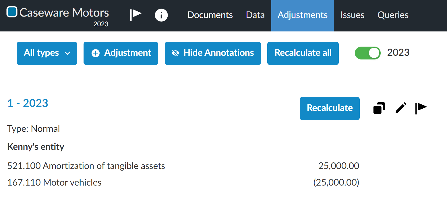 The Recalculate button at the top of the document.