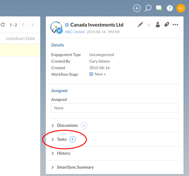 Sélectionnez l'icône d'ajout pour créer une tâche pour cet engagement.