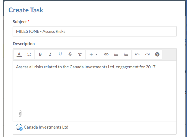 Saisissez une ligne d'objet et une description. La tâche est déjà automatiquement jointe à votre dossier client.