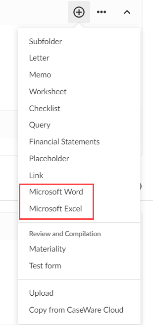Les options Microsoft Word et Microsoft Excel dans le menu déroulant Ajouter de la page Documents.